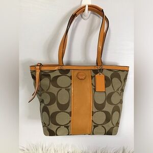 Coach Canvas Khaki/Orange Stripe Tote Bag